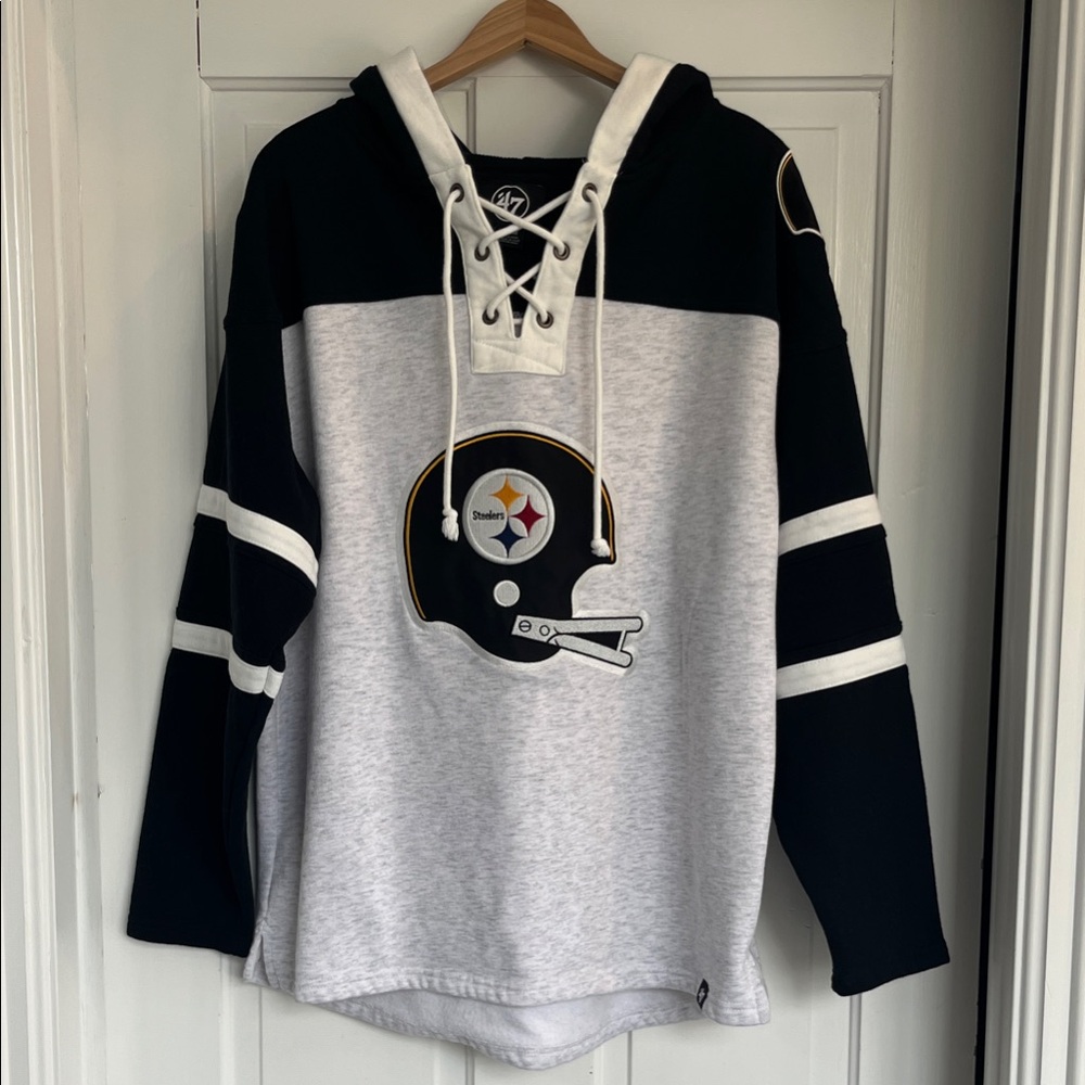 47 Brand Steelers Black and Gray Lace-Up Hoodie Sweatshirt Size Large NWOT